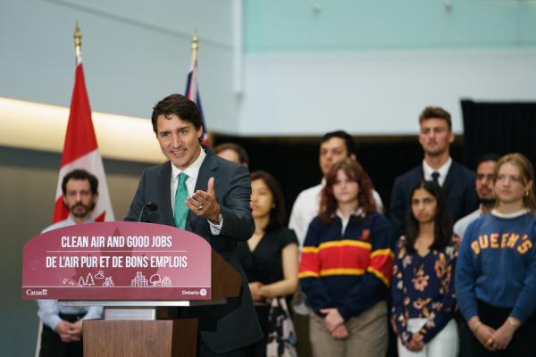 Prime Minister Justin Trudeau during an announcement event at Queen's University's Mitchell Hall.