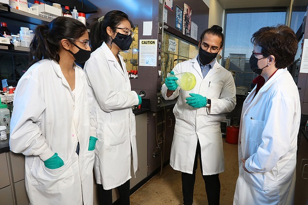 [Photo of Dr. Cathleen Crudden and students in the lab]