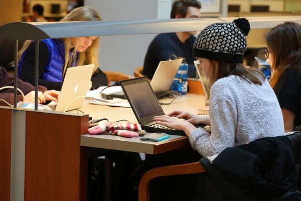 Students study using laptops in Stauffer Library 