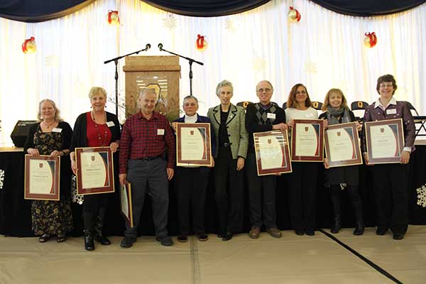 Caroline Davis, Vice-Principal (Finance and Administration), centre, presented the Special Recognition for Staff Awards to, from left: Françoise Sauriol; Kathy Reed; Tice Post; Carol Noel; Andy Hooper; Agathe Nicholson; Kimberley Bell; and Kathy Baer.