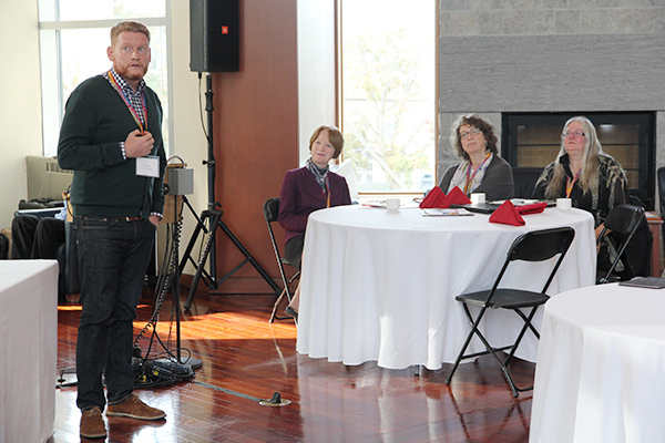 Cynthia Fekken, Associate VP (Research), Martha Whitehead, Vice-Provost and University Librarian, and Shelley King (English Language and Literature) listen as Matthias Lang of University of Tübingen makes a presentation on Monday, Oct. 24.
