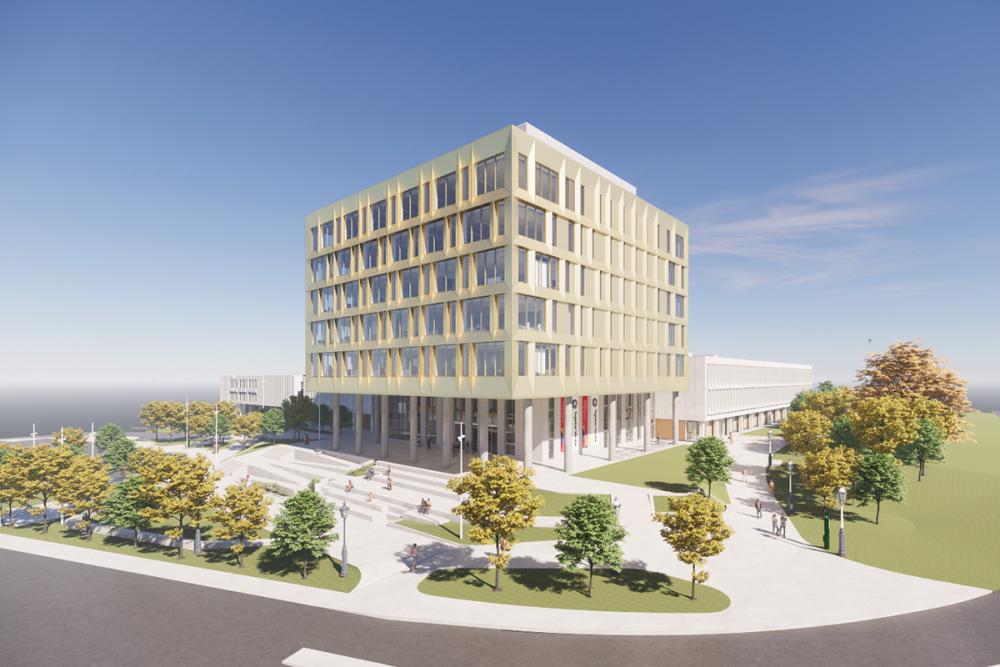 The newly-unveiled design for the expansion of Duncan McArthur Hall includes a seven-story addition at the southeast corner of the existing building. (Supplied image)