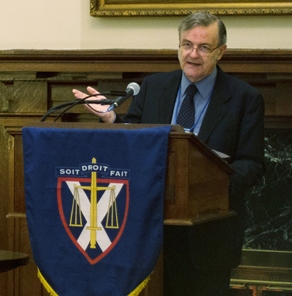 [Don Stuart addresses the audience at a Toronto reception held in his honour following the presentation of the G. Arthur Martin Criminal Justice Medal]