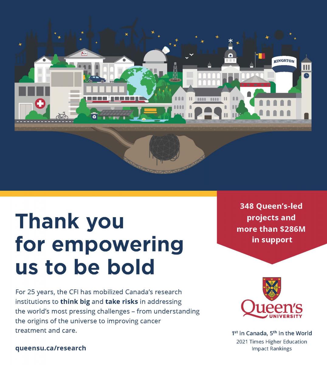 Thank you empowering us to be bold. For 25 years, the CFI has mobilized Canada's research institutions to think big and take risks in addressing the world's most pressing challenges - from understanding the origins of the universe to improving cancer treatment and care. queensu.ca/research]