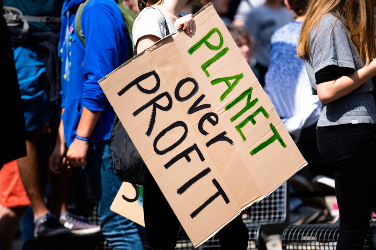 Sign reading "Planet over profit"