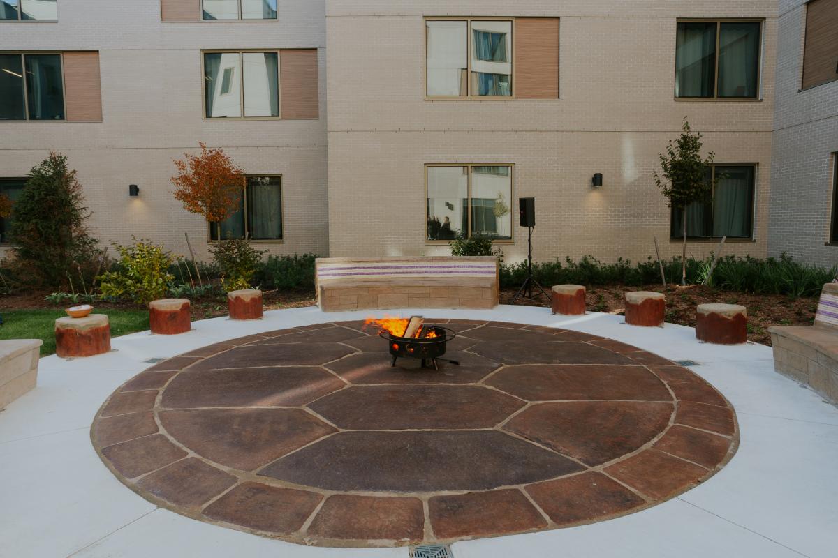 Indigenous gathering space in the courtyard of the Endaayaan-Tkanónsote Student Residence