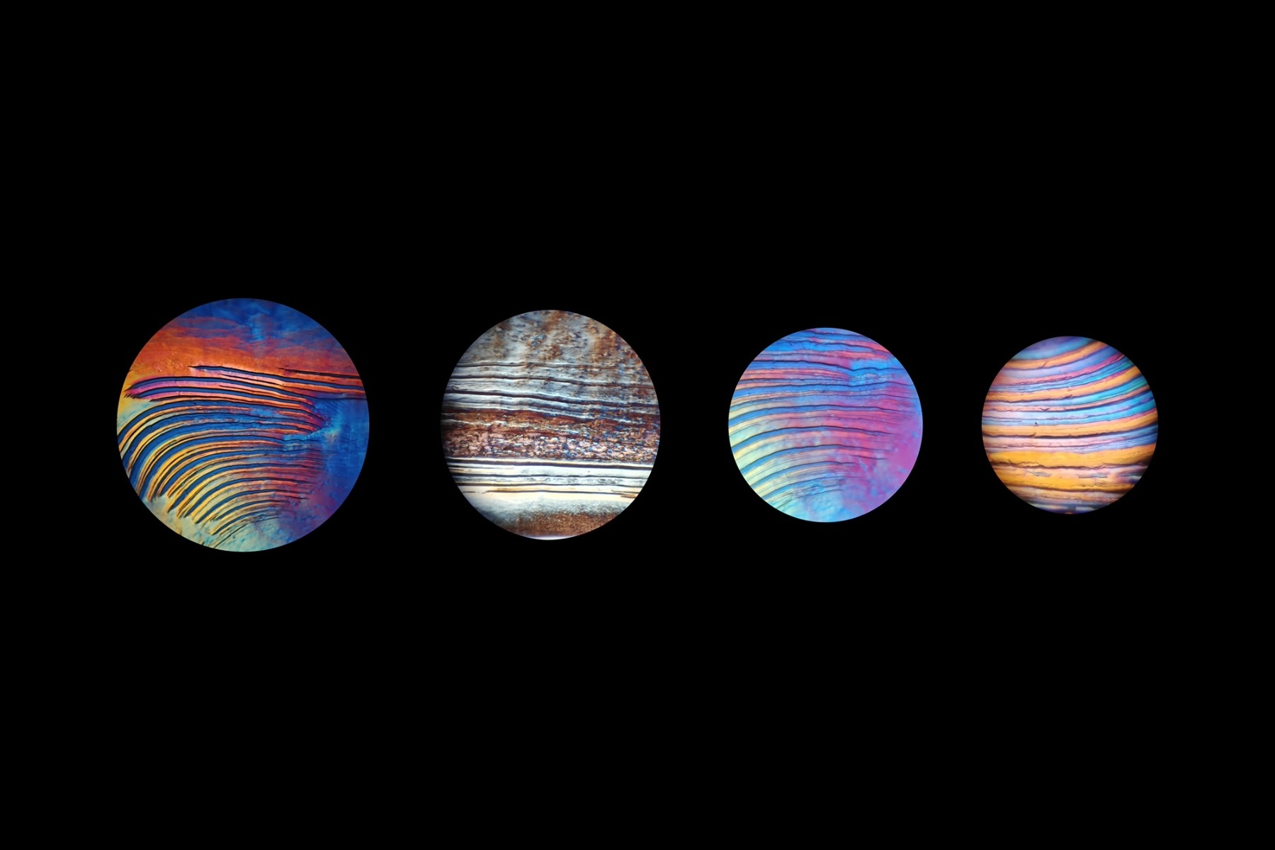 four round samples of microscopic images with ranges of colours