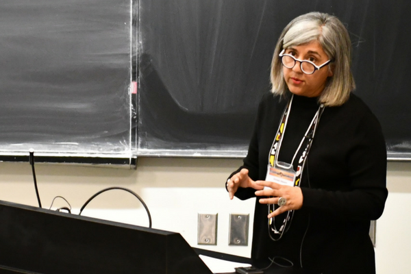 Dr. Shireen Hassim, professor (University of the Witwatersrand) and Matina S. Horner Distinguished Visiting Scholar (Radcliffe Institute for Advanced Study, Harvard University), gives the keynote speech during the Canadian Association of African Studies Conference. (Photo: University Communications)