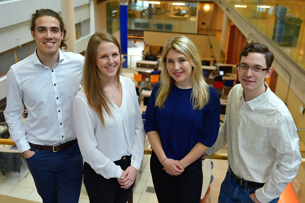 The ClimaCube team, from L-R: James Hantho (Comm'18), Leigh-Ann McKnight (Sc'18), Karina Bland (Sc'18), and Mitch Sadler (Sc'18). (University Communications)