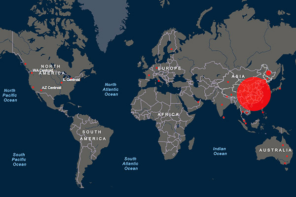 Visual of the outbreak on a world map captured from the John Hopkins CSSE tracking dashboard.