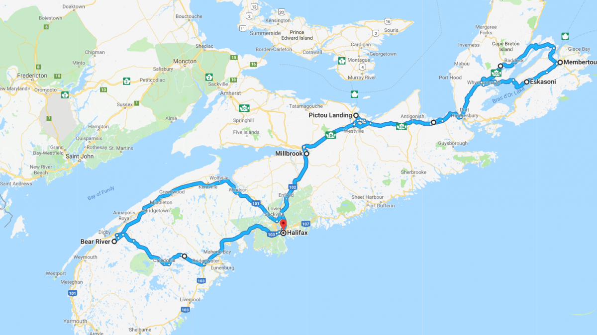 [Google Maps screenshot of the students' route through Nova Scotia]