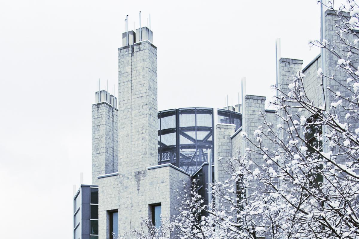 Stauffer Library in winter.