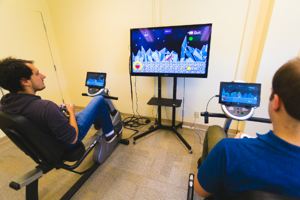 Exergaming system being demonstrated by members of Dr. Graham's lab.
