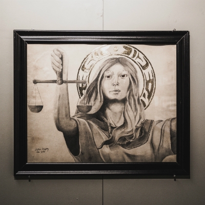 Grade 11 student, Kristian Murphy's illustration "Let Justice Speak" on display at Queen's University's Faculty of Education.