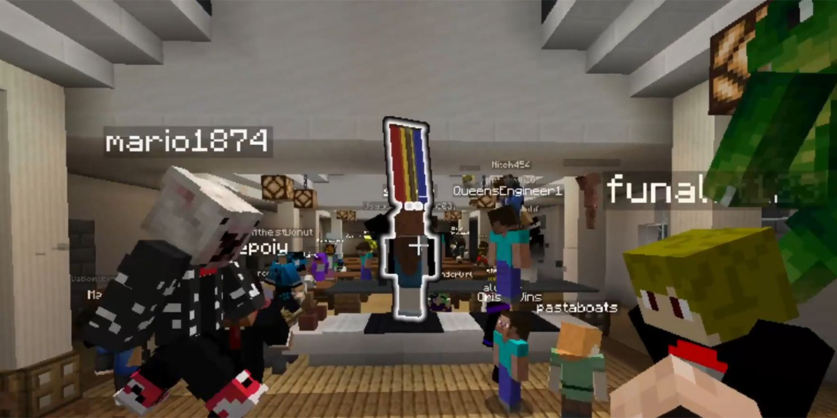 Prospective students tour a virtual Queen's campus through Minecraft.