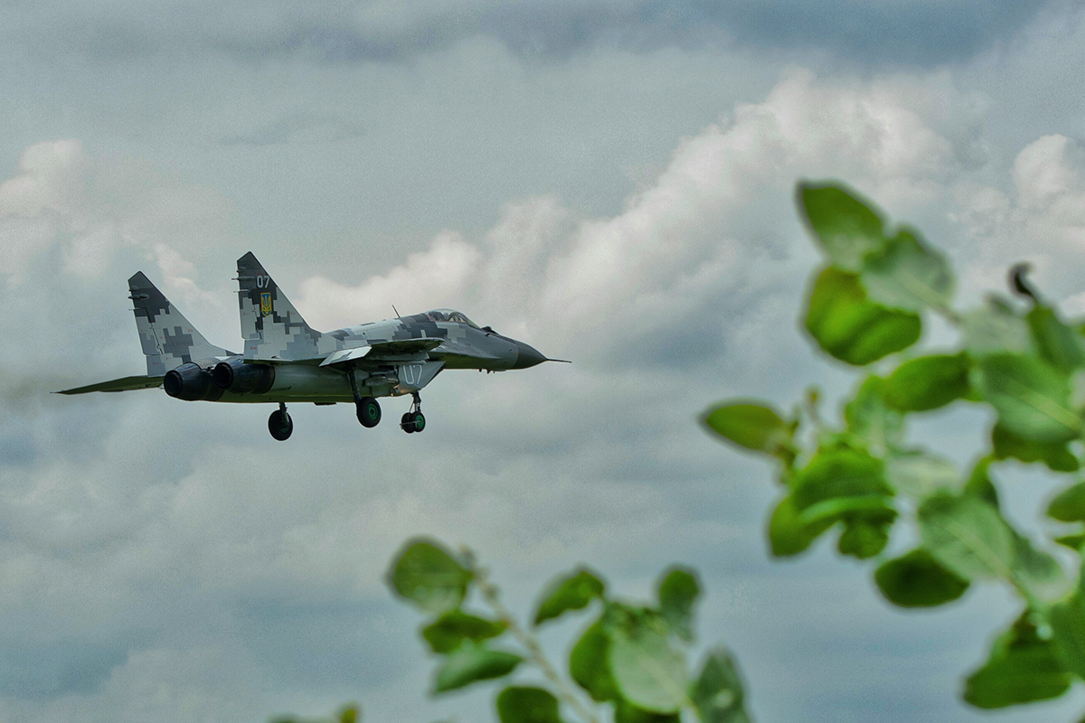A Ukraine Air Force Mig-29 lands at a base near Kyiv.