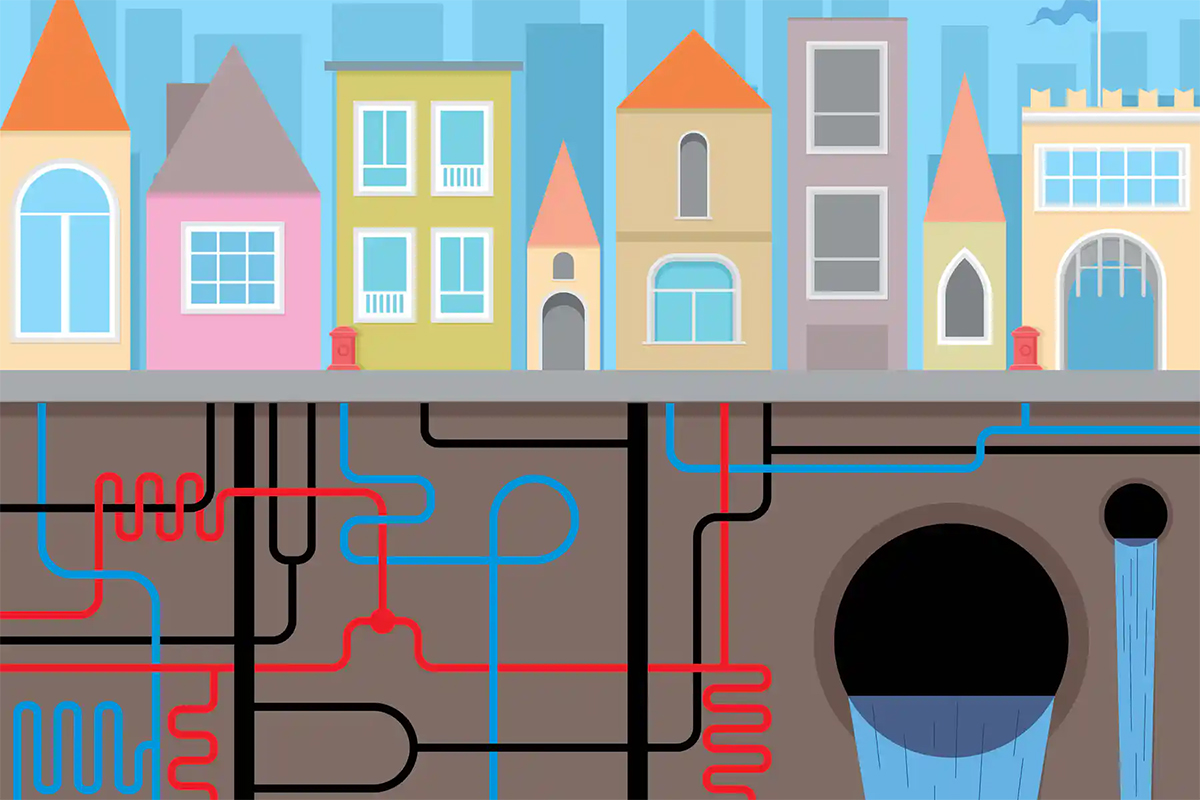 A drawing of houses in a city with water pipes and sewers underground