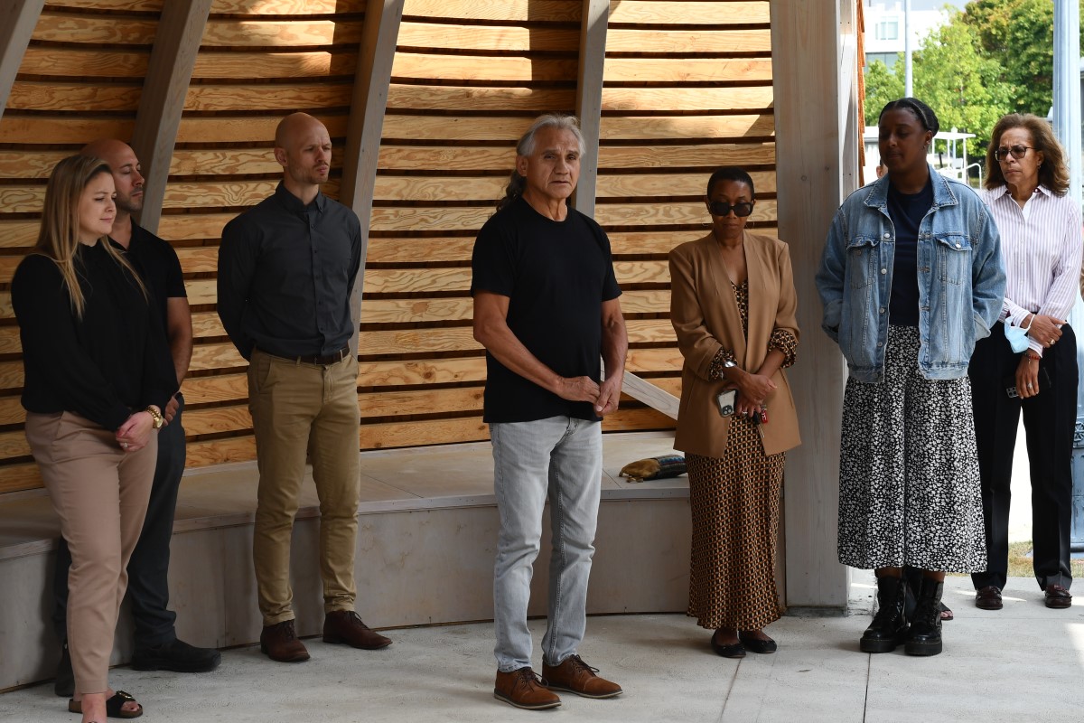 Photograph of Allen Doxtator speaking at the opening event for the new Indigenous gathering space