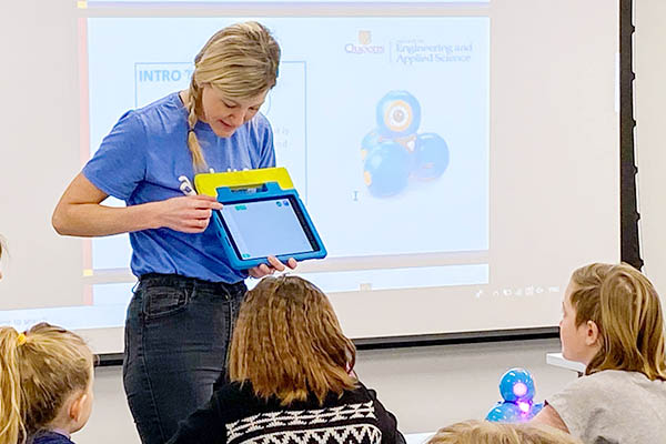 Lindsay Jones, Connections Engineering Outreach Coordinator, instructs young students during the Little STEMS Pilot PA Day Program
