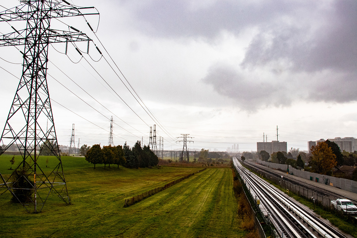 Power lines seen alongside a roadway in Scarborough