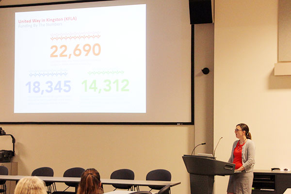 Queen's United Way Committee co-chair Kellie Hart makes a presentation about the fundraising campaign" 