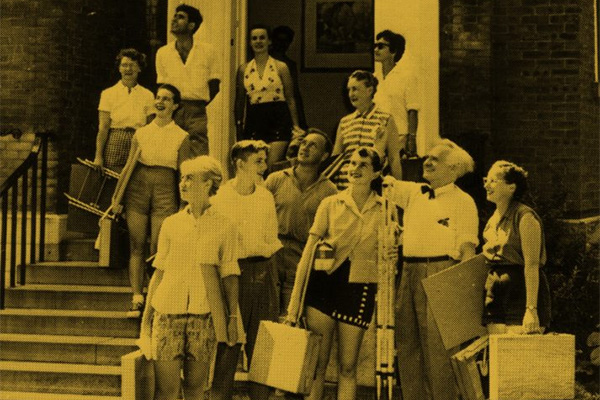André Biéler and art students at the entrance of the new Agnes Etherington Art Centre, summer 1958 