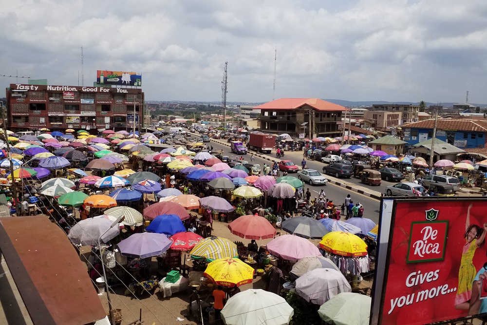 [Aerial photograph of the Adelabu Market in Ibadan, Nigeria]