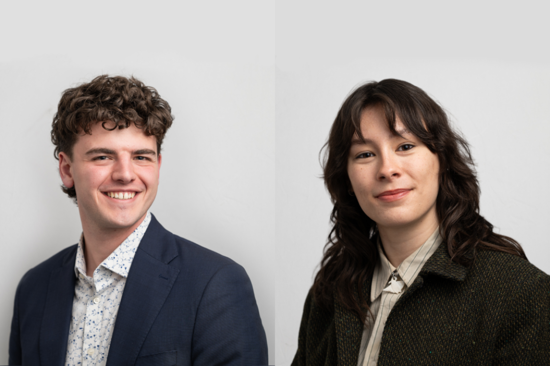 Two images. On the left is a young man with curly brown hair wearing a blue suit. The right image is a woman with long curly brown hair wearing a dark grey suit.