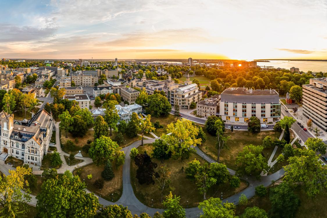 Above view of Queen's campus at sunset.