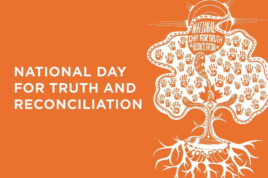 The words 'National Day for Truth and Reconciliation' beside a design of a tree with roots on an orange background. 