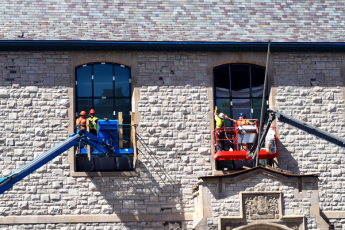 A construction team works on renovations to Mitchell Hall (Photo: PPS)