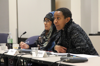 Council Co-Chairs Stephanie Simpson and Mona Rahman lead the discussion at the UCARE meeting. (University Communications)