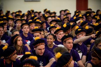 "Engineering students fill Grant Hall during Orientation Week presentation."