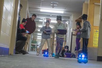 Quinte Mohawk School students program code into tablets, which control these robots as part of an after-school robotics club called Codemakers. (Supplied Photo)