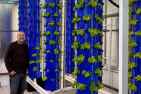 Man standing in front of vertical farming tubes