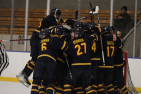 Men's hockey players celebrating on the ice