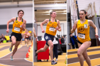 Collage of two men and a women running on indoor tracks