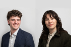 Two images. On the left is a young man with curly brown hair wearing a blue suit. The right image is a woman with long curly brown hair wearing a dark grey suit.