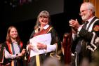 From left to right: Rector Niki Boytchuk-Hale, Chancellor Shelagh Rogers, and Principal and Vice-Chancellor Patrick Deane. 
