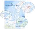 Map showing Lake Hazen, Great Bear Lake, and Great Slave Lake, with red dots marking the sediment core sampling sites used in the study.