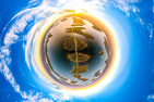 a spherical photo of a globe surrounded by blue water