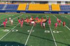 Queen's Gaels women's soccer team members on the field at Richardson Stadium.