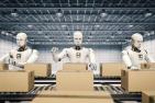 Three robots build boxes on an assembly line