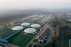 An aerial view of a wastewater treatment plant.