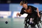 Malaysia’s Chew Wei Lun plays a shot during a gold medal Boccia match at the Tokyo Paralympic Games. Boccia is only one of three summer Paralympic sports where athletes can compete while using a powerchair. (AP Photo/Shuji Kajiyama)