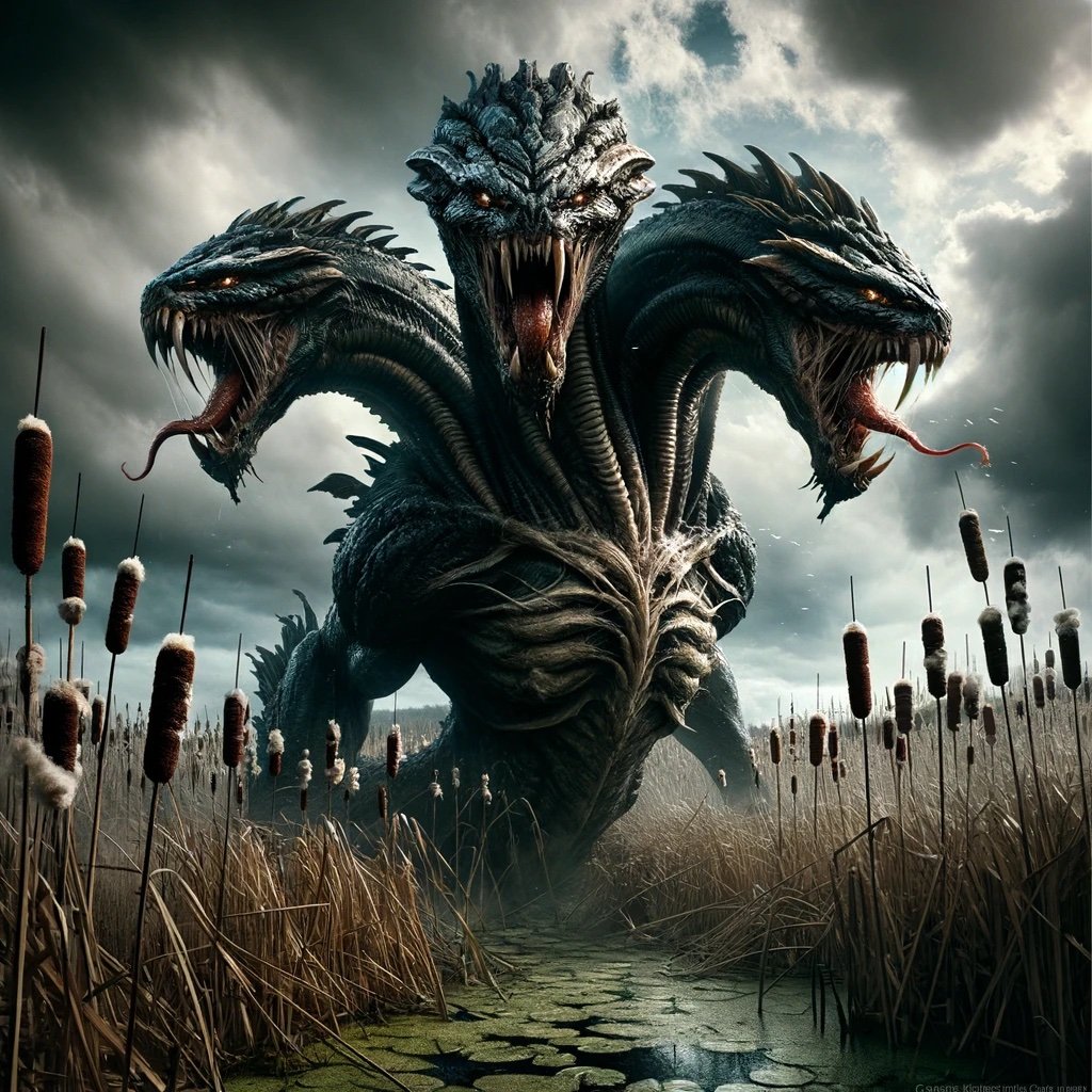 3-headed dragon amidst cattails
