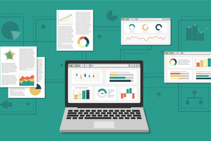 Graphic laptop computer surrounded by various pages with charts