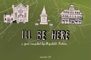 I'll Be Here Zine Cover with green background and pink drawings of various buildings