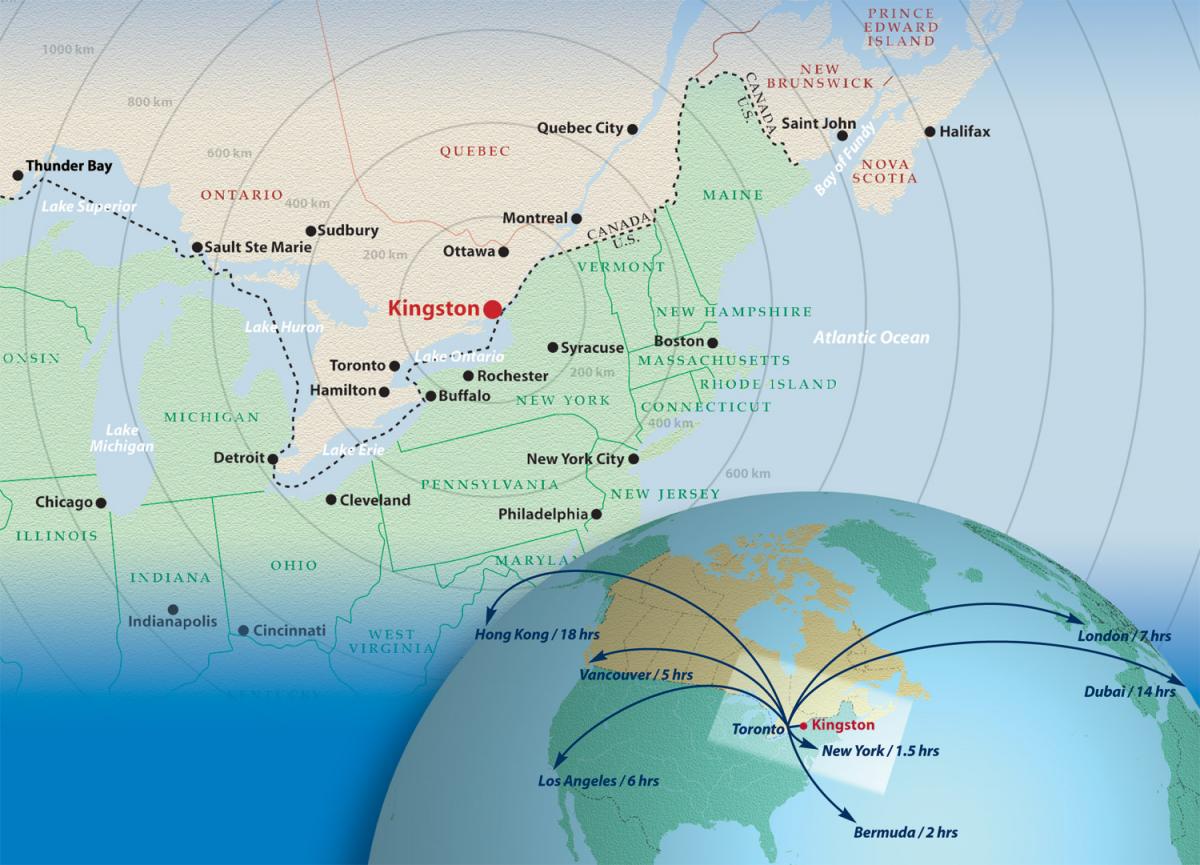 Map depicting Kingston and surrounding cities (Sudbury, Ottawa, etc) as well as a portion of the United States (border, Buffalo, Rochester, NYC, etc).