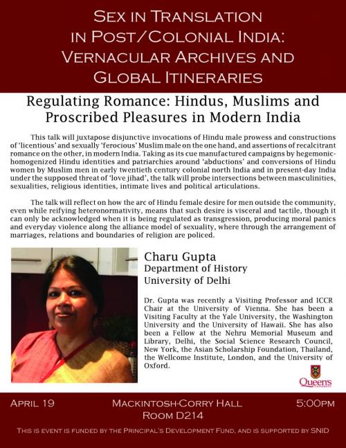 "Sex in Translation in Post/Colonial India: Vernacular Archives and Global Itineraries" event poster